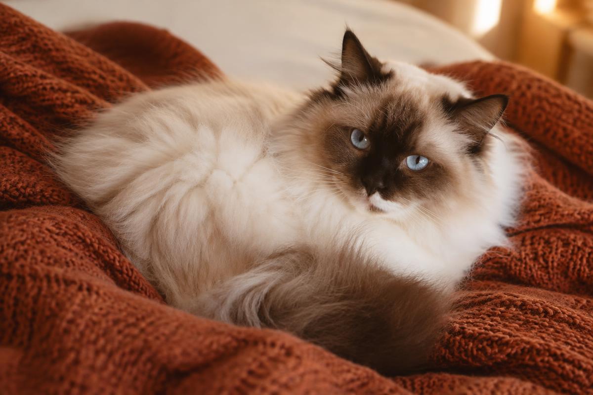Ragdoll cat on a knitted blanket