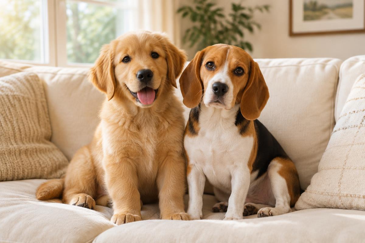 Golden retriever puppy and beagle on a sofa